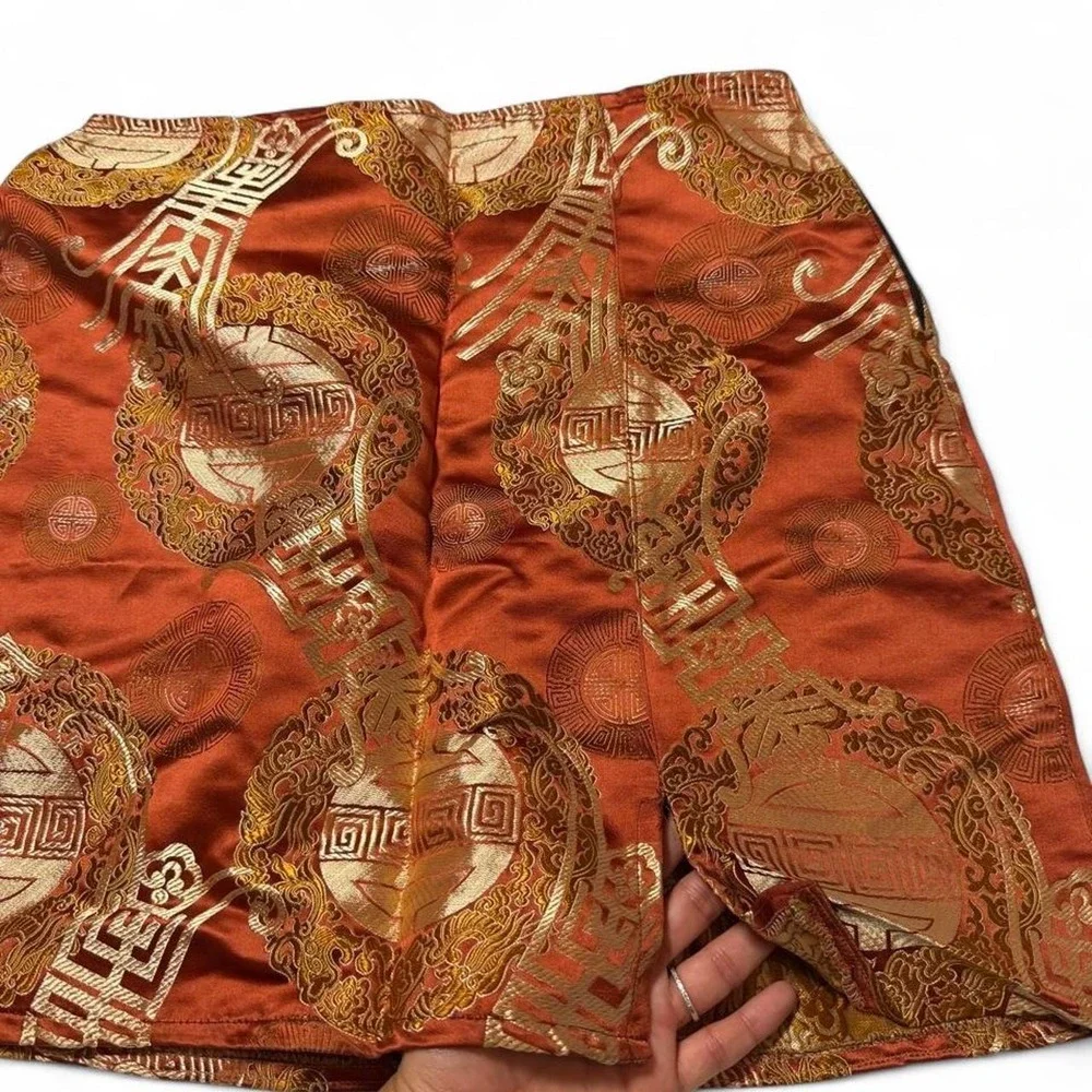 Vintage Y2K Whimsigoth Metallic Rust Bronze Gold Brocade Tapestry Mini Skir